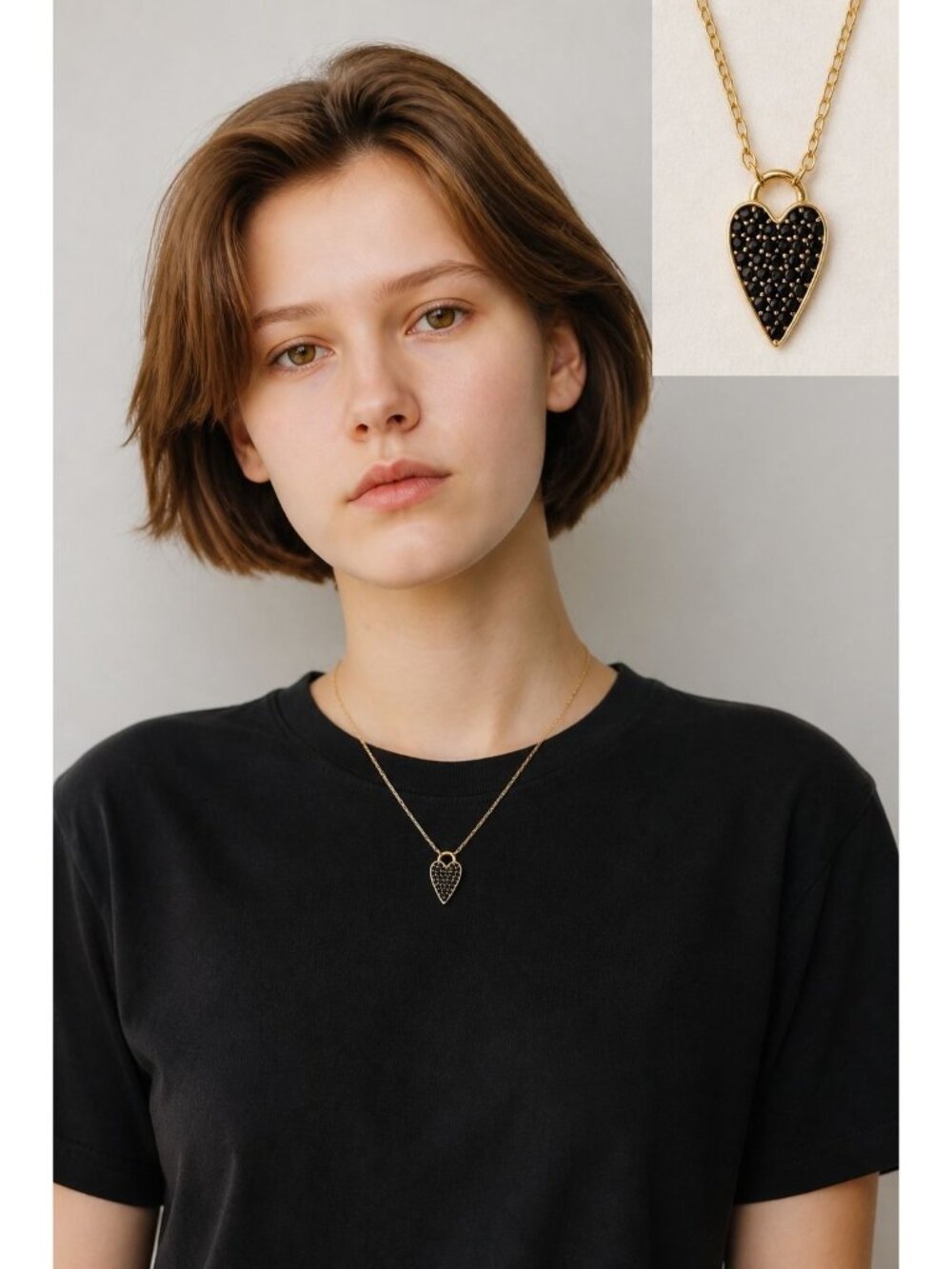 Stella & Dot Gold-Tone Heart Pendant Necklace Black Accents Adjustable Chain